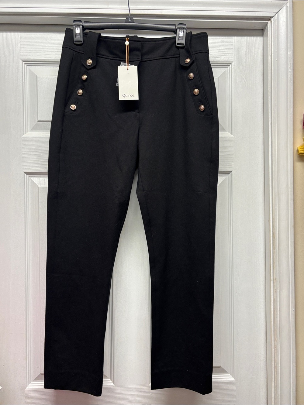 Quince Ultra Stretch Ponte Black Dress Pants with Gold Button Accents Medium New